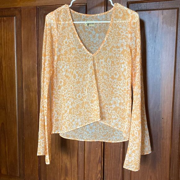 Show Me Your MuMu Floral Orange Bell Long Sleeve Flowy V-neck Sheer Blouse Top M - Picture 1 of 8